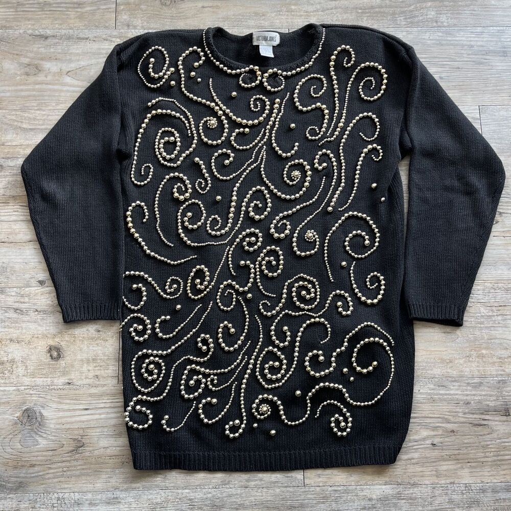 Victoria Jones Vintage Sweater Small Black Gold Beaded Embellished 80s Holiday